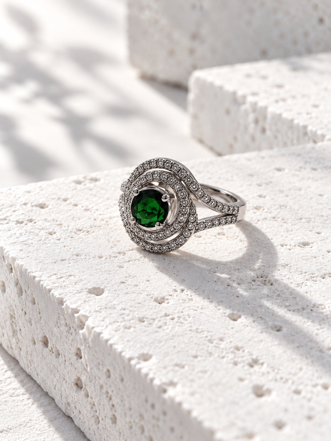 Niska green oval AD stone swirl ring in silver tone