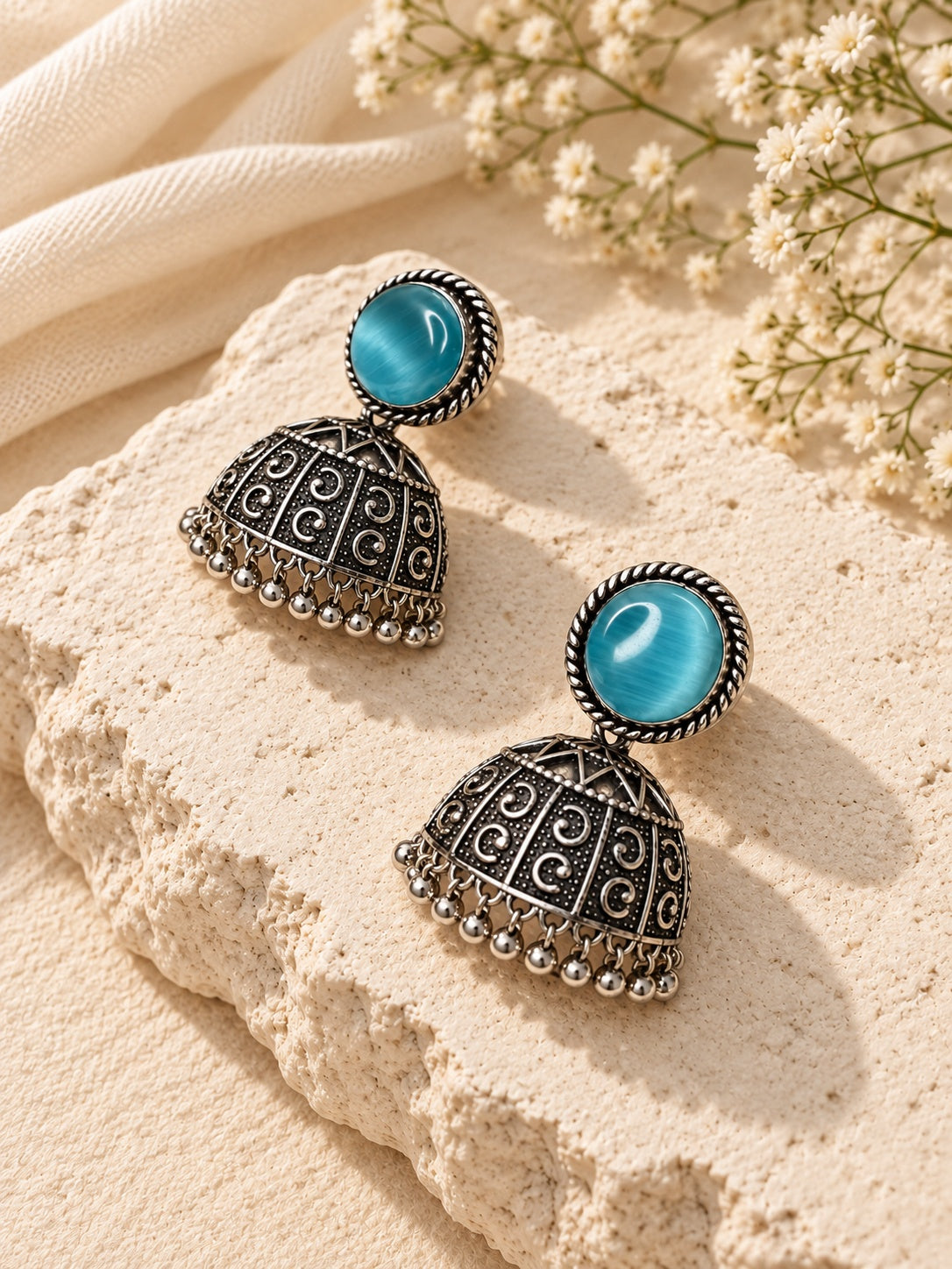 Niska blue Monalisa Stone Silver replica jhumka earrings worn by model 09