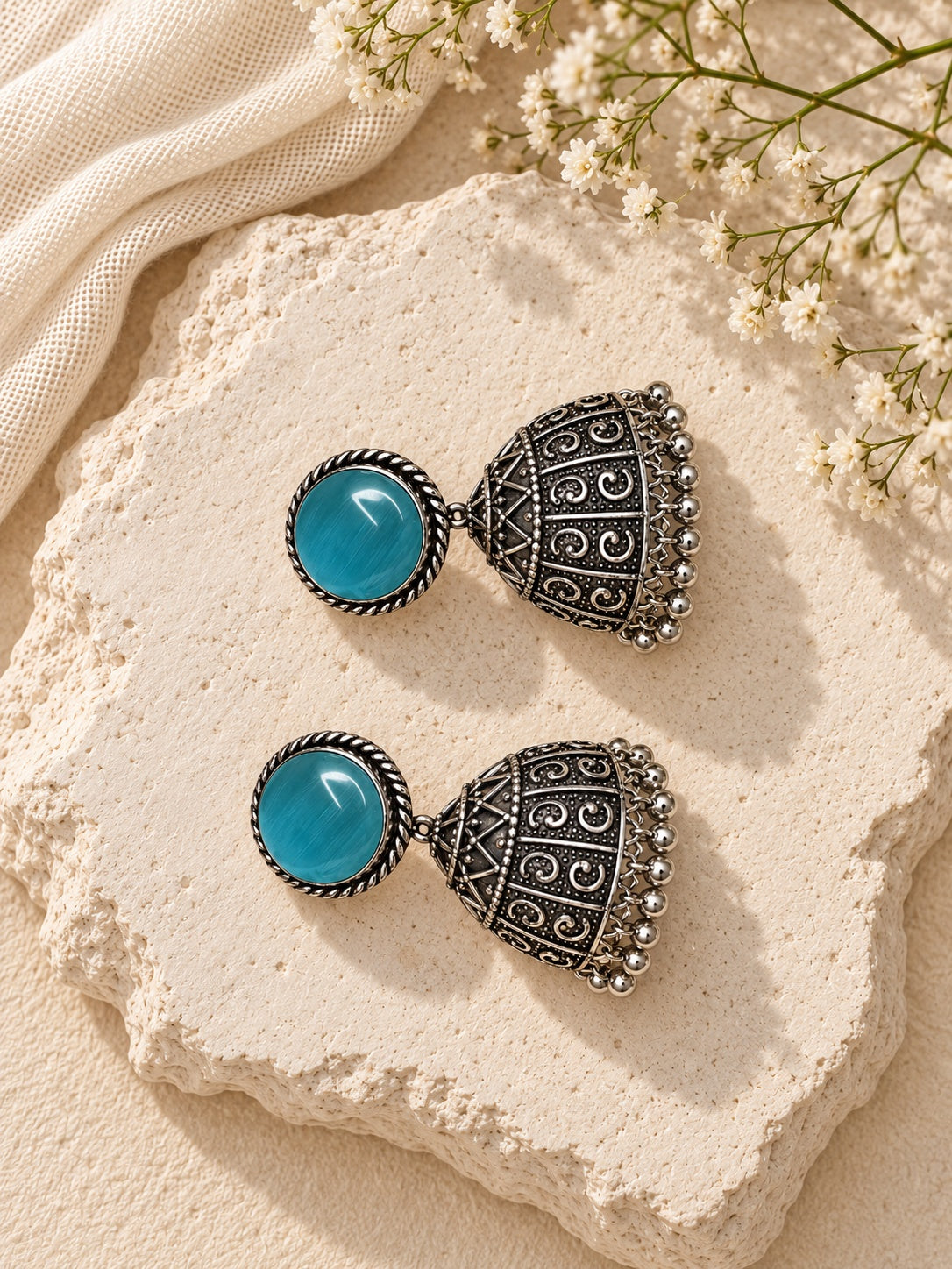 Niska blue Monalisa Stone Silver replica jhumka earrings product view 04