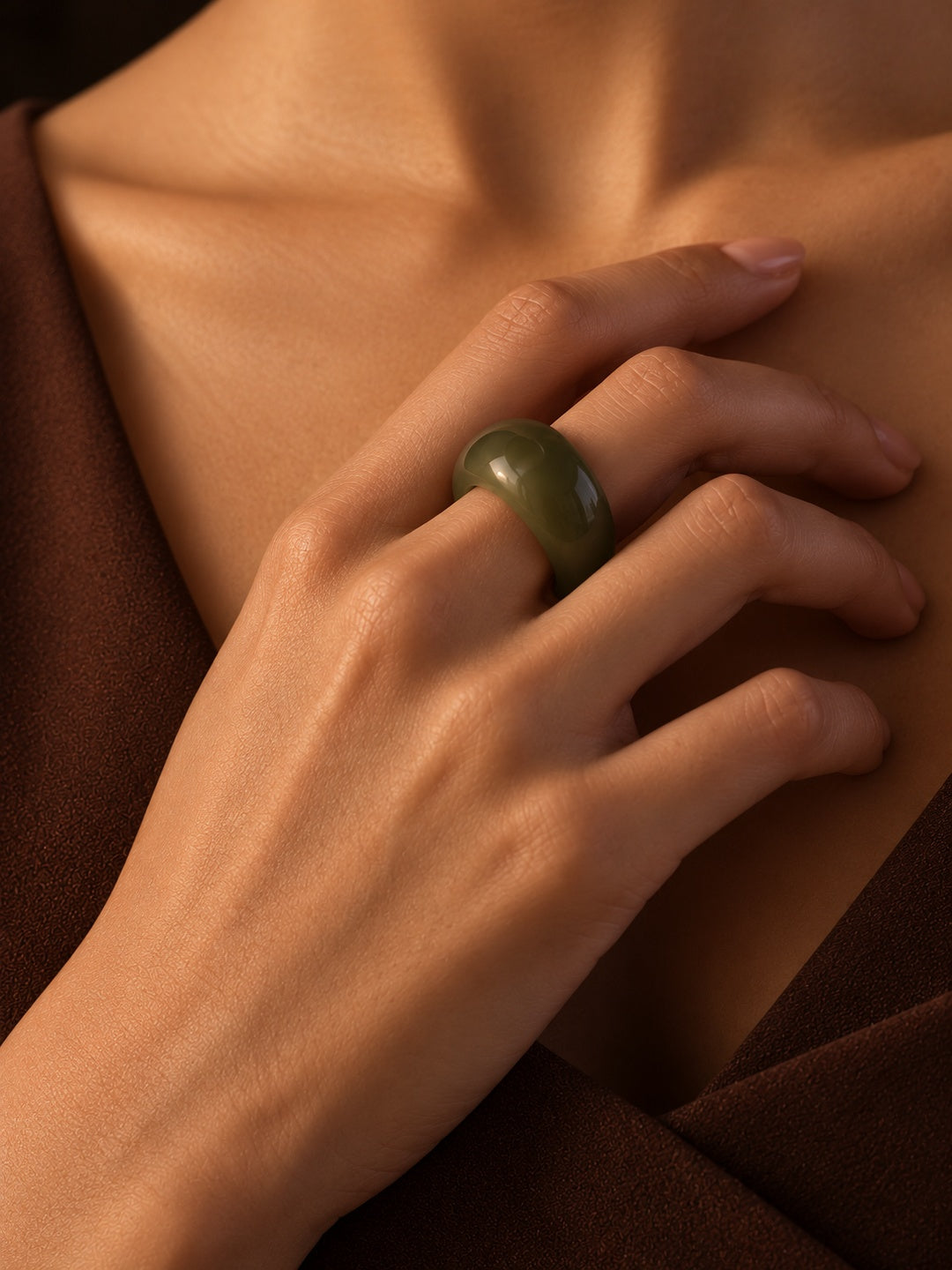 Niska olive green chunky dome replica ring worn on model hand